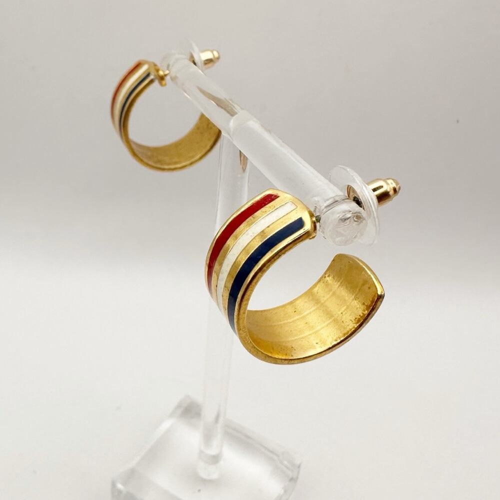 Avon American Glory Earring Costume Jewelry Gold Red White Blue Striped Hoop 90s - Picture 4 of 8